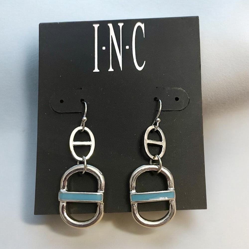 NWT INC Silver Tone Blue Enamel Dangle Earrings